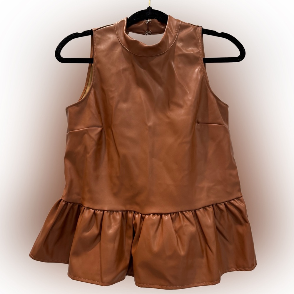 FIRST LOVE | Brown Faux Leather Peplum Top- Size Small
